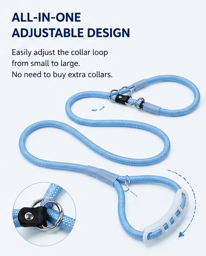 Blue slip-lead loop and rope for large dogs